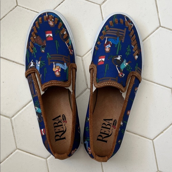 Reba Patterned Blue Slip-Ons with Brown Trim - Picture 1 of 1